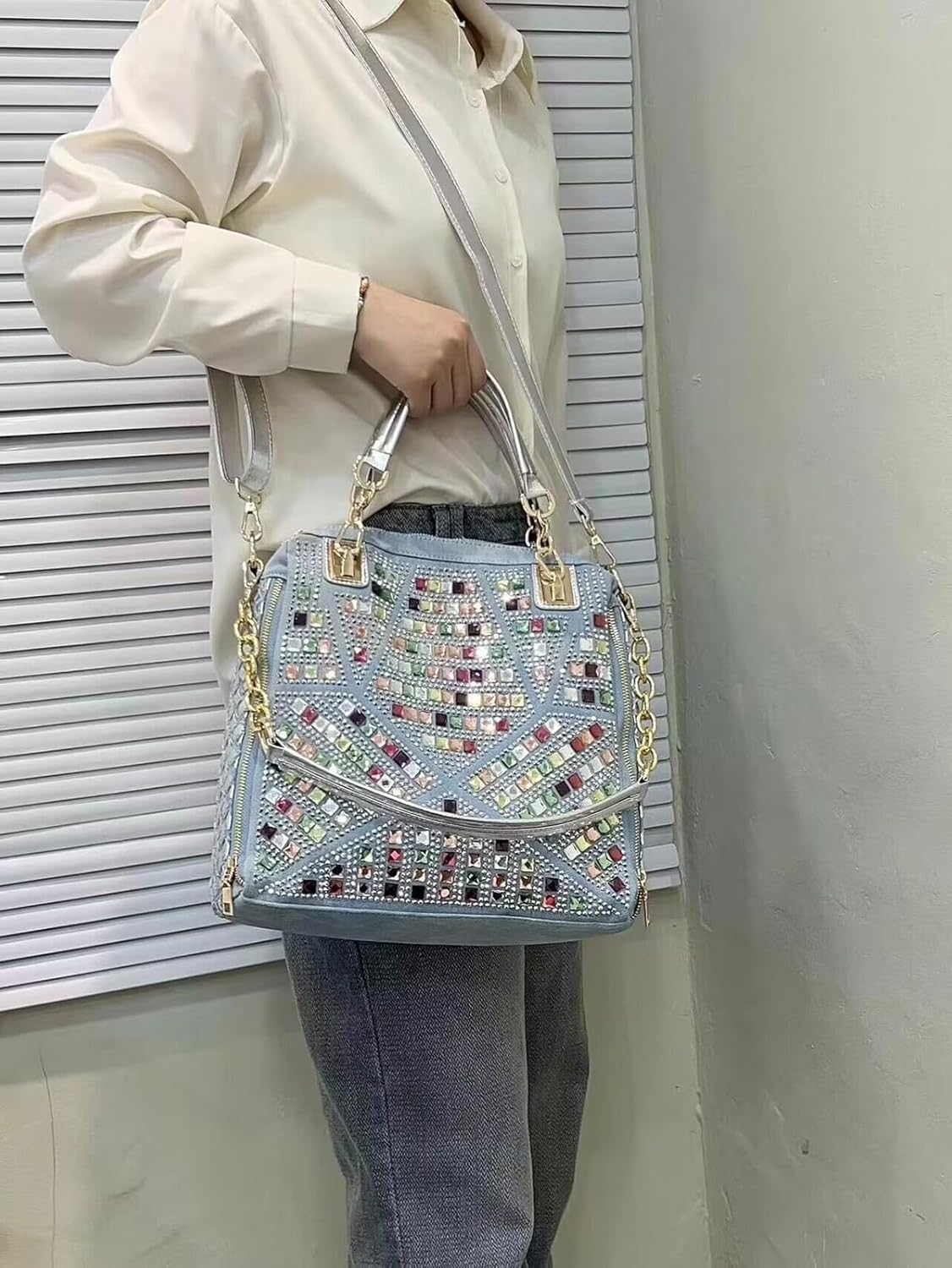 Bling Purses for Women Crystal Rhinestone Crossbody Bag Large Denim Jean Purses and Handbags - Image 7