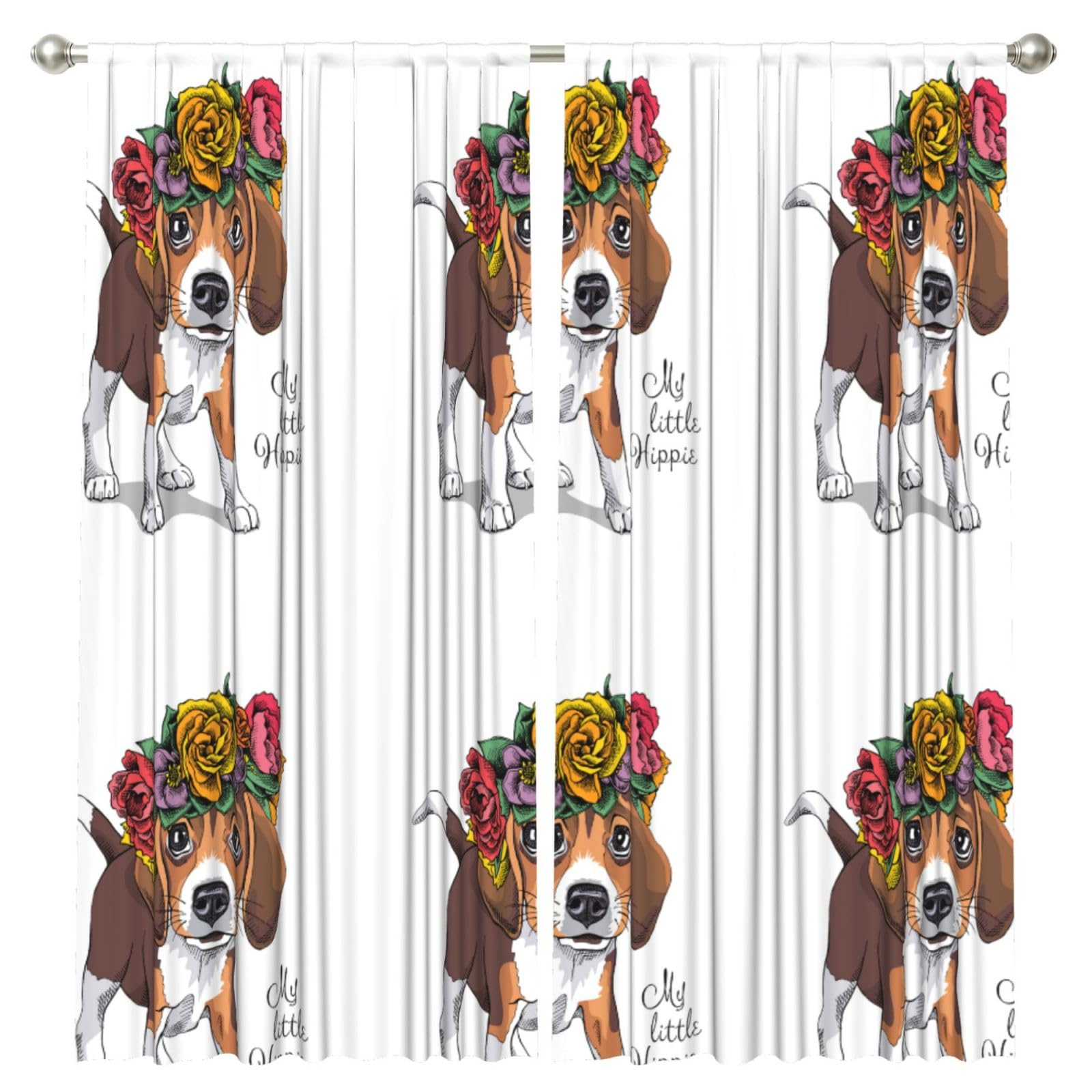 InOmak Puppy Beagle Floral Head Wreath, 2 Panels Window Curtains 52 x 84 Inch Blackout Curtains for Living Room Bedroom