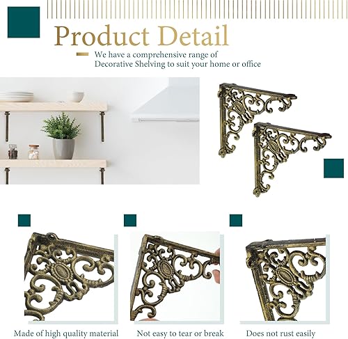 Miniatura 3 de Lounsweer Paquete de 8 soportes de estante de latón antiguo resistentes de 8 pulgadas para montaje en pared, soportes decorativos de metal flotante