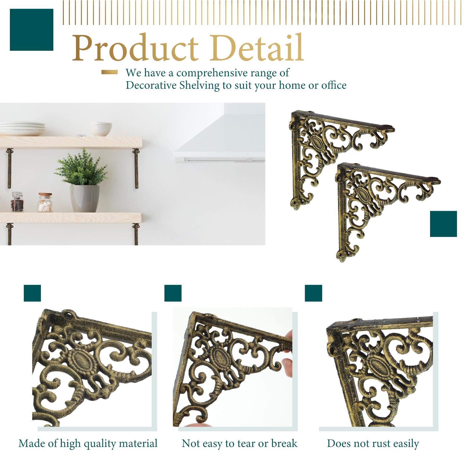 Lounsweer Confezione da 8 staffe da parete per mensole da 20 cm in ottone anticato resistente, staffa galleggiante da parete in metallo dorato, mensole decorative per cucina, casa, bagno, armadietti