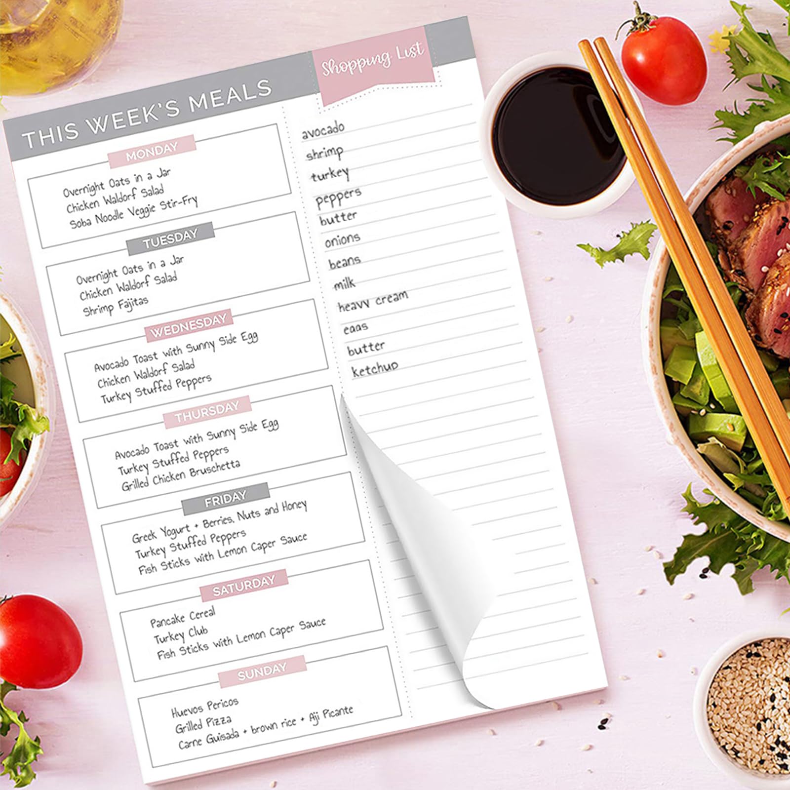 Planificateur Repas A5 Daily Planner 50 Pages Liste de Courses Bloc Semainier Déchirable Cuisine Suivi Eau