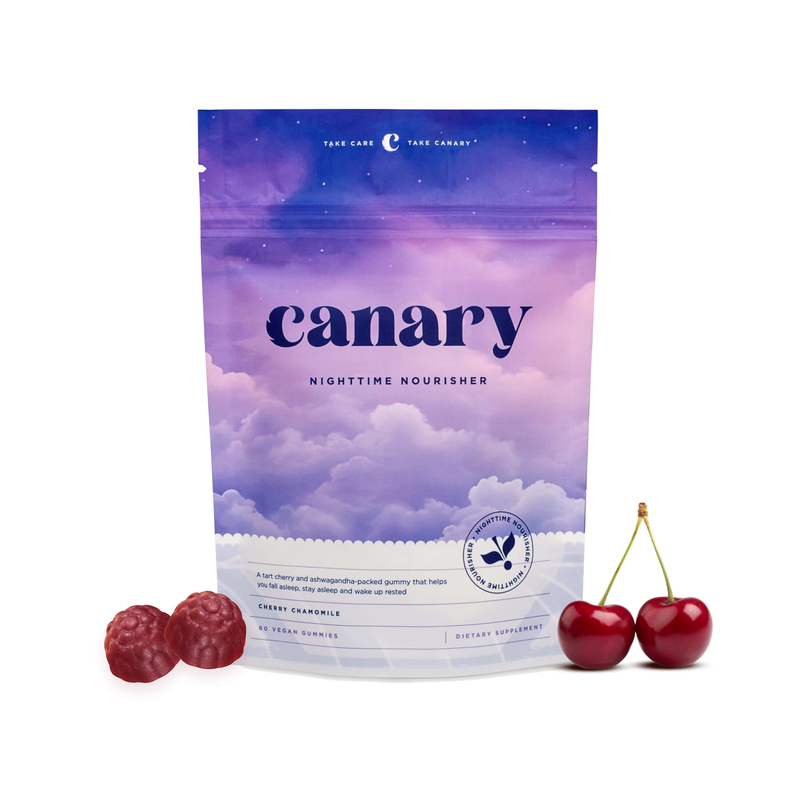 Canary Nighttime Nourisher Sleep Aid Gummy - Vegan Cherry Chamomile Flavor, 60 Gummies - Made with Ashwagandha, Tart Cherry, Lemon Balm, and Chamomile