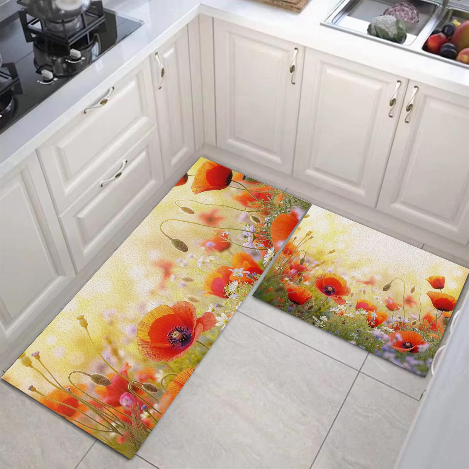 Tapis de cuisine antidérapants lot de 2 rouge corail 50x80+50x120 cm motif coquelicots