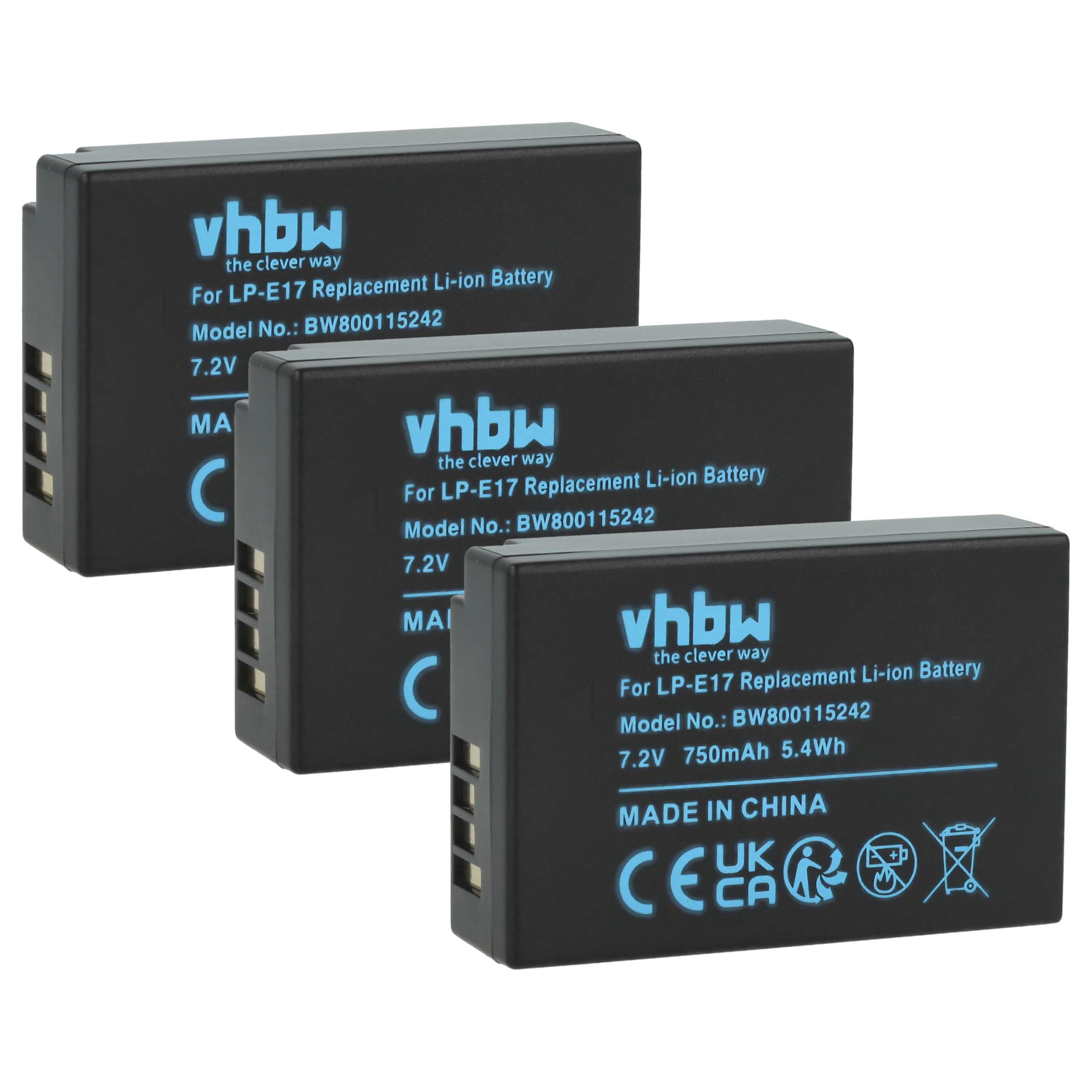 vhbw 3x batteria compatibile con Canon EOS Kiss X8i, 8000D, 800D, 250D, 77D | per Kiss X10, 750D, 850D, 200D, 760D fotocamera (750mAh, 7,2V, Li-Ion)