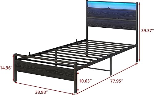 Miniatura 2 de BOFENG Base de cama individual con cabecera de madera y estación de carga USBluces LED, marco de cama de plataforma individual de metal, tamaño