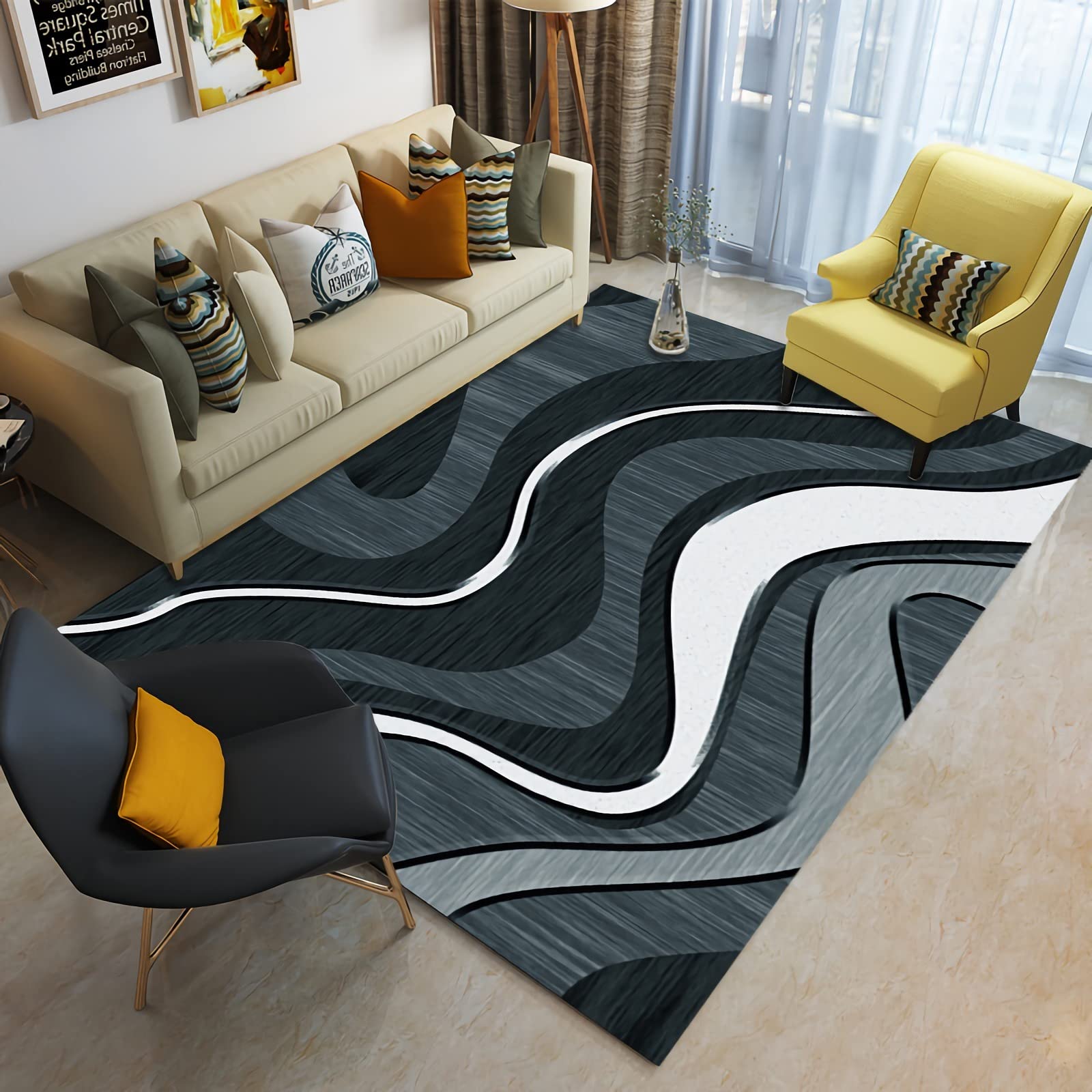 Dywan dywan kominkowy, łatwy do czyszczenia zmywalny czarny szary atrament design dywan dywan salon, wystrój przedszkola 120 x 160 cm