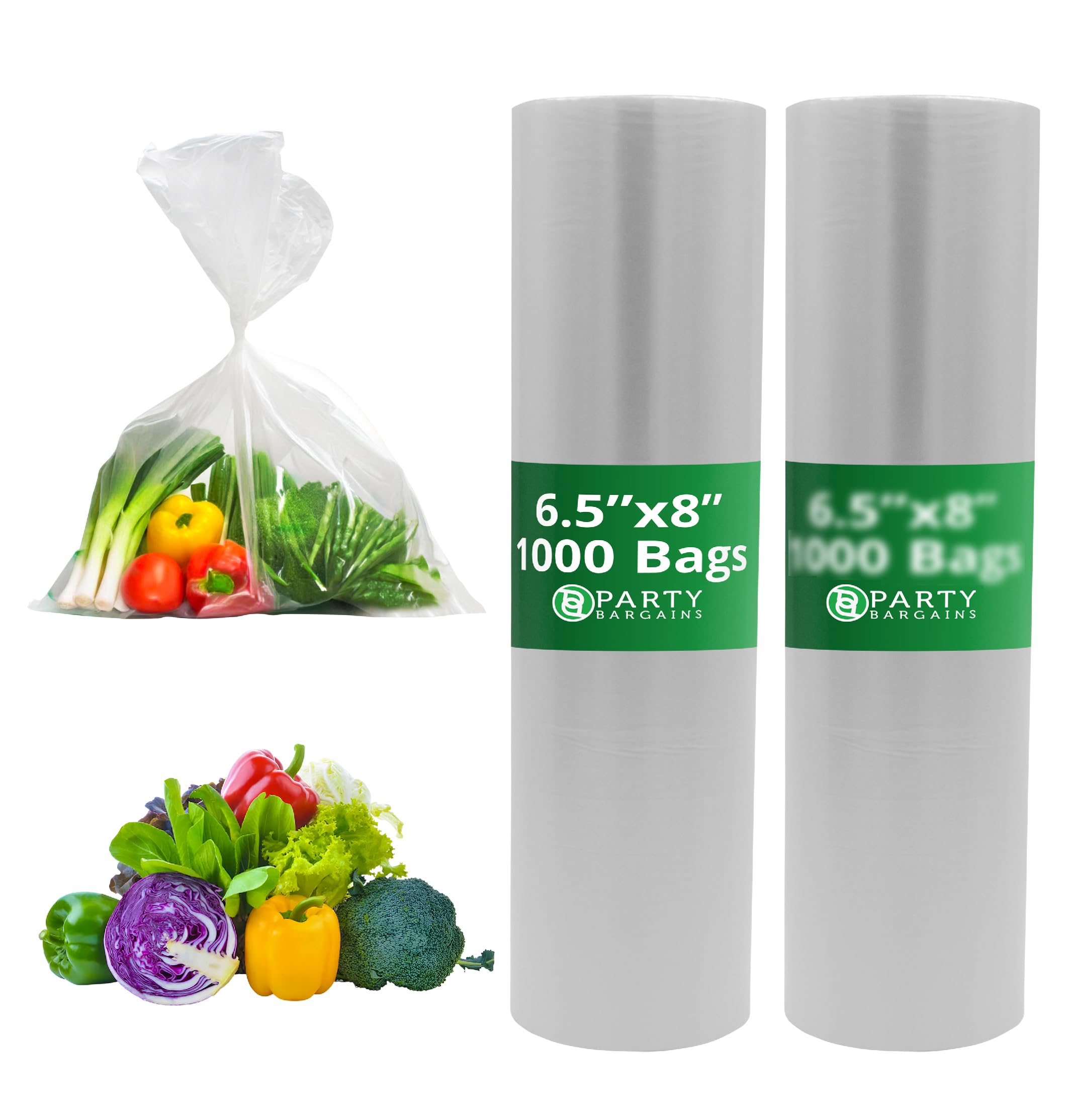 PARTY BARGAINS 6.5 x 8 Inch Clear Plastic Produce Bags on a Roll, 2000 Count – Food-Grade Polyethylene Grocery Bags for Fruits, Vegetables, Bread &