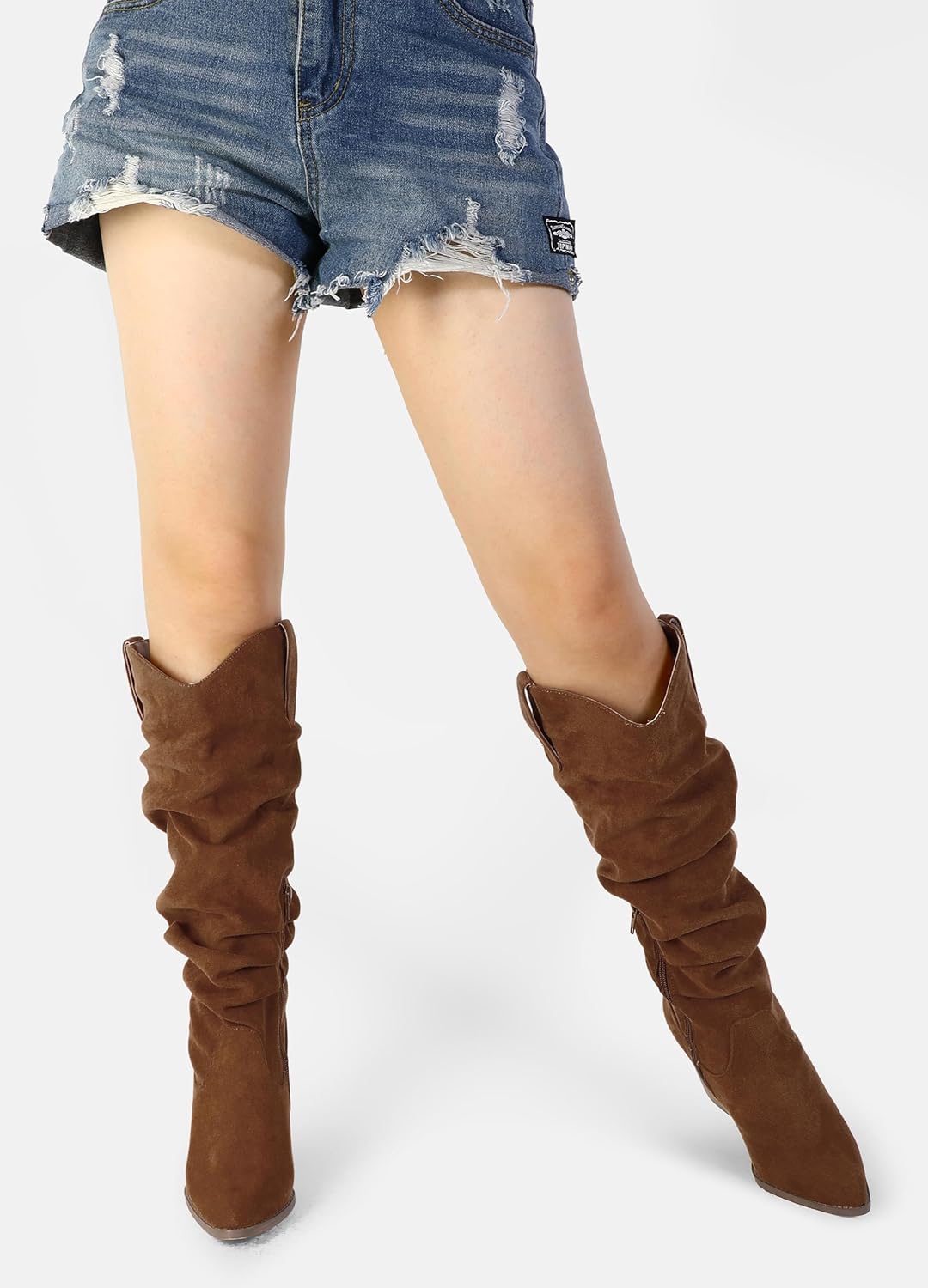 mysoft Women's Cowboy Knee-High Boots Pointed Toe Mid Chunky Heel Pull On Slouchy Boots with Zippers - Image 6