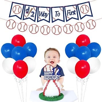 Baseball Half Birthday Party Decorations Kit Half Way To First Banner Happy 1/2 Birthday Cake Topper Party Balloons for Baseball 6 Months Baby Backdrop Photo Props Baby Shower