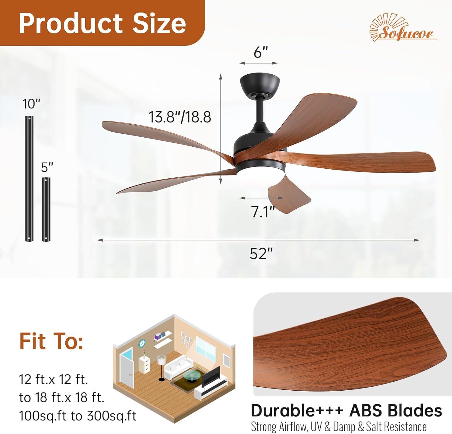 Sofucor 52 Inch Ceiling Fan with Light, Modern Ceiling Fan with Dimmable Memory LED - Quiet DC Motor, 6 Speeds 5000CFM, Timer, Reversible, for Living Room Bedroom, ETL, 5 Plastic+ABS Blades, Brown