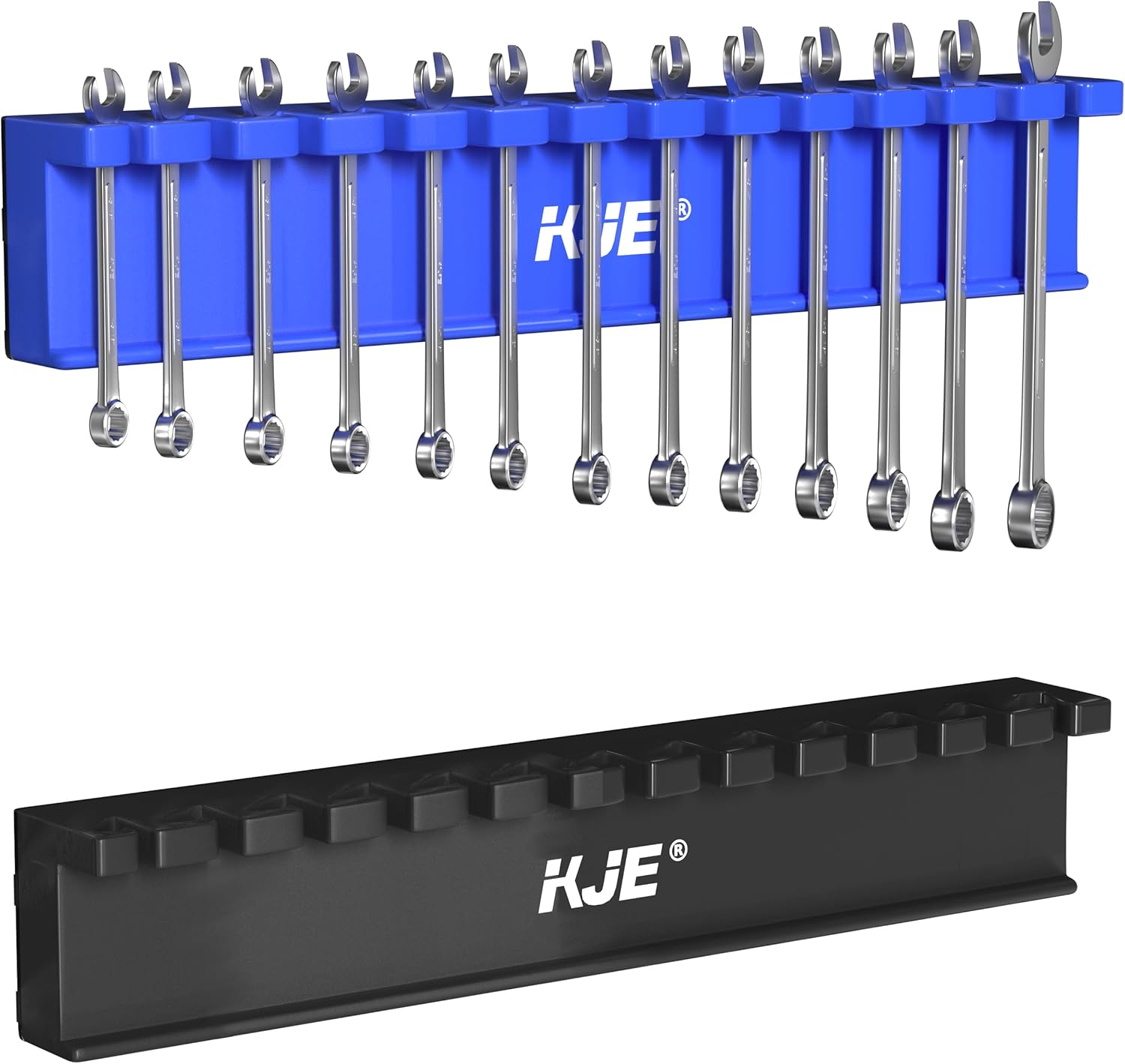 KJE 2-Piece 13-Slot Magnetic Wrench organizer – Wrench Hanger & holder Rack, Fits SAE (1/4” to 3/4”) & Metric (8mm to 20mm) Wrenches, Magnetic Wrench Rack Set for Toolbox or Workshop