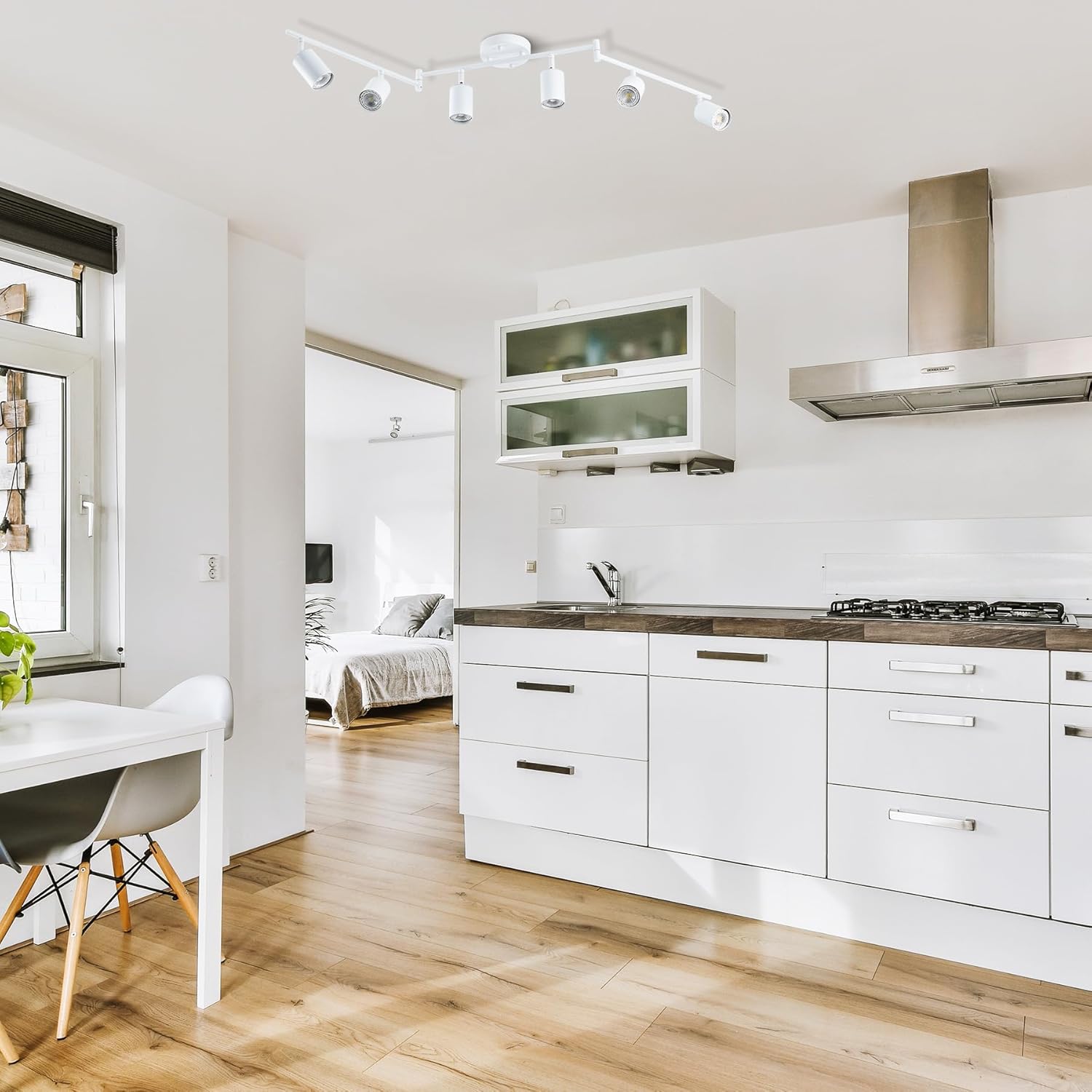 VONLUCE 6 Light Track Light Fixture, LED Track Lighting Kit with Rotatable Track Heads, 3-Color GU10 Bulbs Included, Modern Ceiling Spotlight for Kitchen Office Closet Studio Bedroom, White