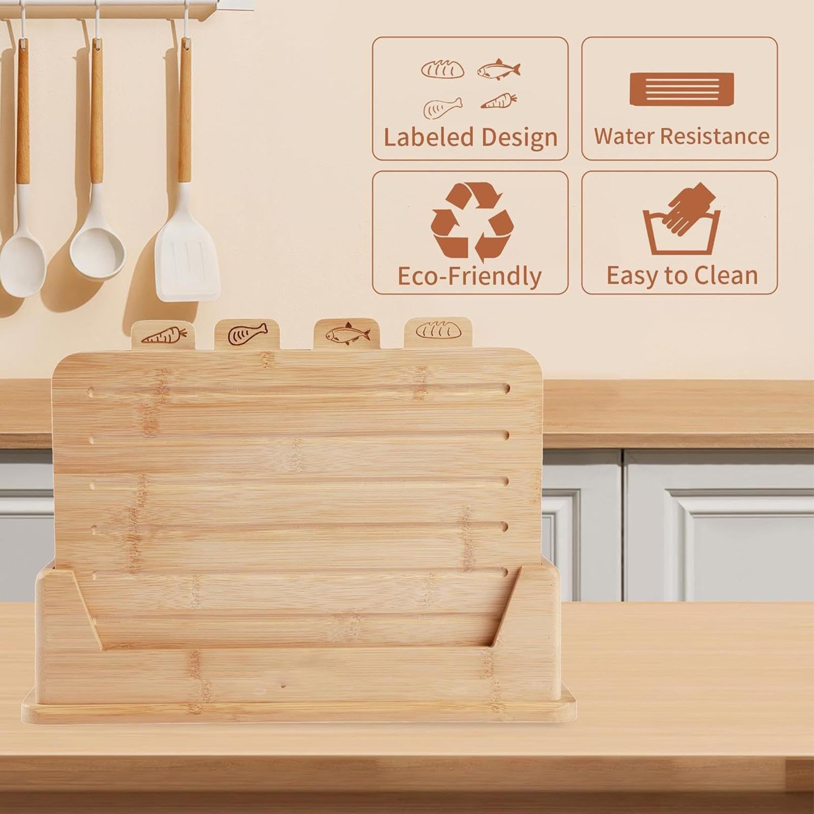 Set di taglieri in legno, 4 taglieri etichettati con base portaoggetti
