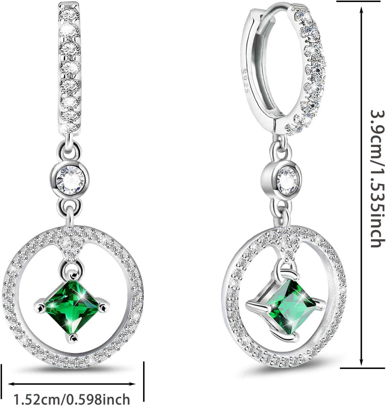Silver Earrings for Women Trendy - Sterling Silver Hypoallergenic Drop Dangle Earrings Green Cubic Zirconia Dangling Earrings for Sensitive Ears Classic Fashion Earrings Gifts for Christmas Birthday - Image 2