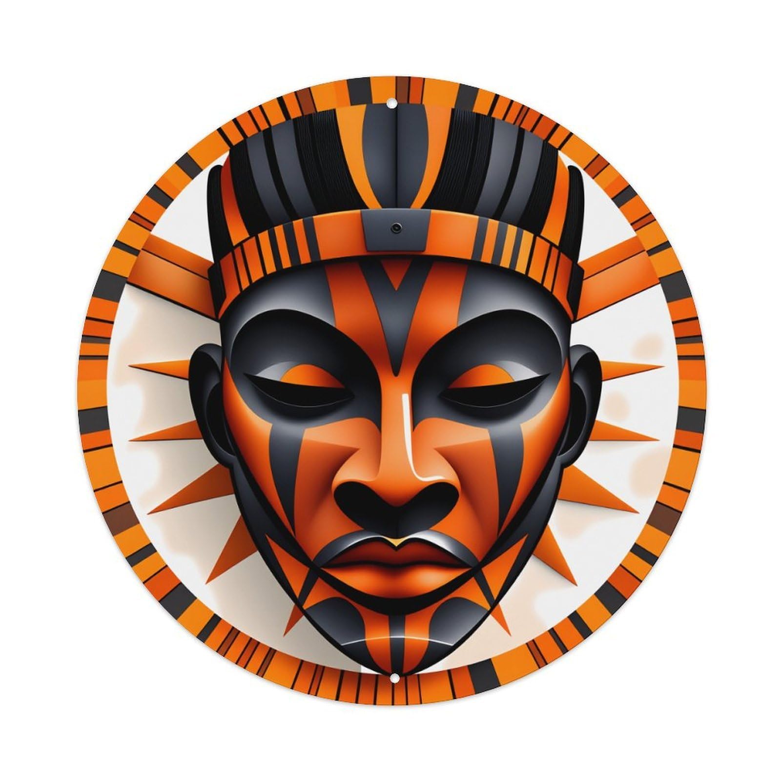Wmlzdnwr Vintage Orange Black Tribal Mask Pattern With Sunburst Design Round Tin Sign,Retro Wall Art,Metal Poster For Home, Bar, Garage, Cafe, Rustic Indoor & Outdoor Decor, 8X8 Inches