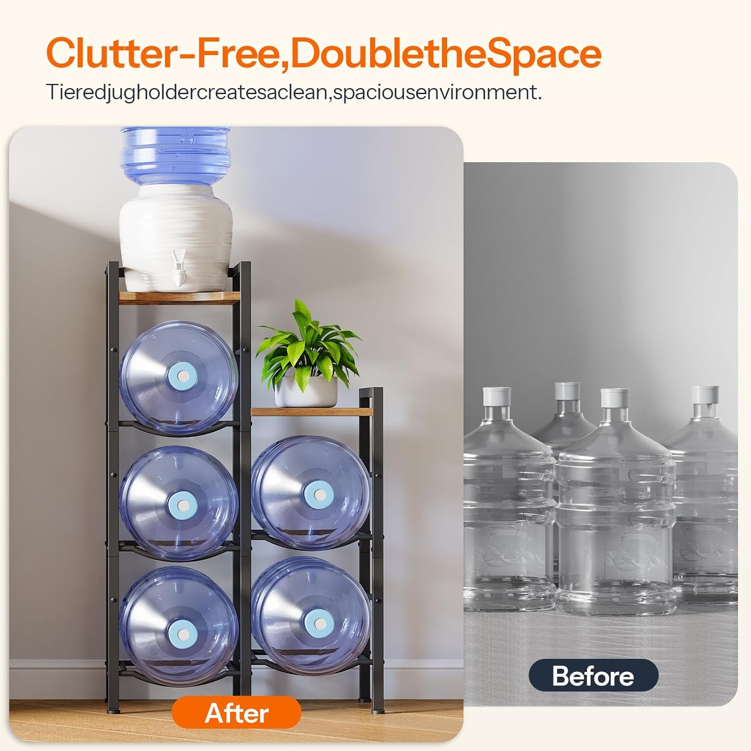 HOOBRO 5 Gallon Water Jug Holder, 3 Tier Water Jug Rack with Wooden Top Shelves, Industrial-Style Bottle Storage Rack with Fenced Top, for Home, Office, Rustic Brown and Black BF08ST01