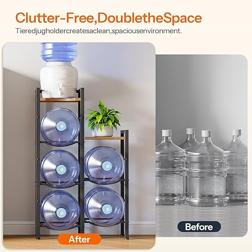 Miniatura 5 de HOOBRO Soporte para jarra de agua de 5 galones, estante para jarra de agua de 3 niveles con estantes superiores de madera, estante de almacenamiento