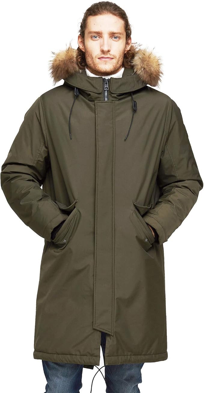 Amazon Tiger Force ウィンターパーカ シティジャケット メンズ ビジネスコート フード付き 本物のファートリム 断熱防水スノージャケット グリーン コート ジャケット 通販