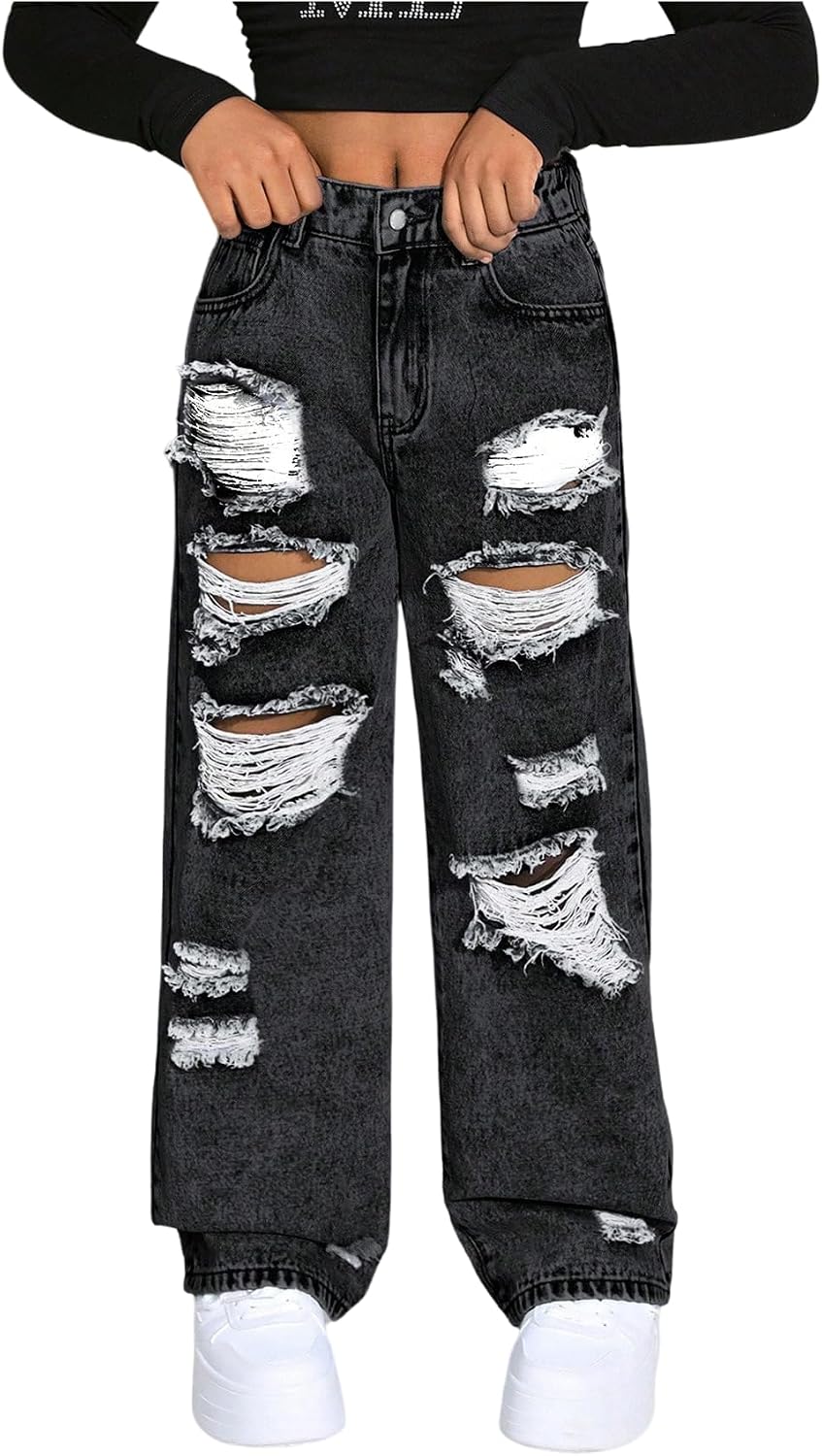 OYOANGLE Girl's Ripped Jeans Y2K Zipper Fly Distressed Denim Pants with Pockets Streetwear