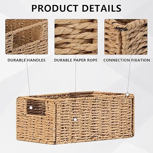 Miniatura 3 de 6 Pack Small Wicker Baskets, Wicker Woven Storage Basket Toilet Paper Baskets with Handles, Towel Basket for Home Organizing Shelves (Beige)