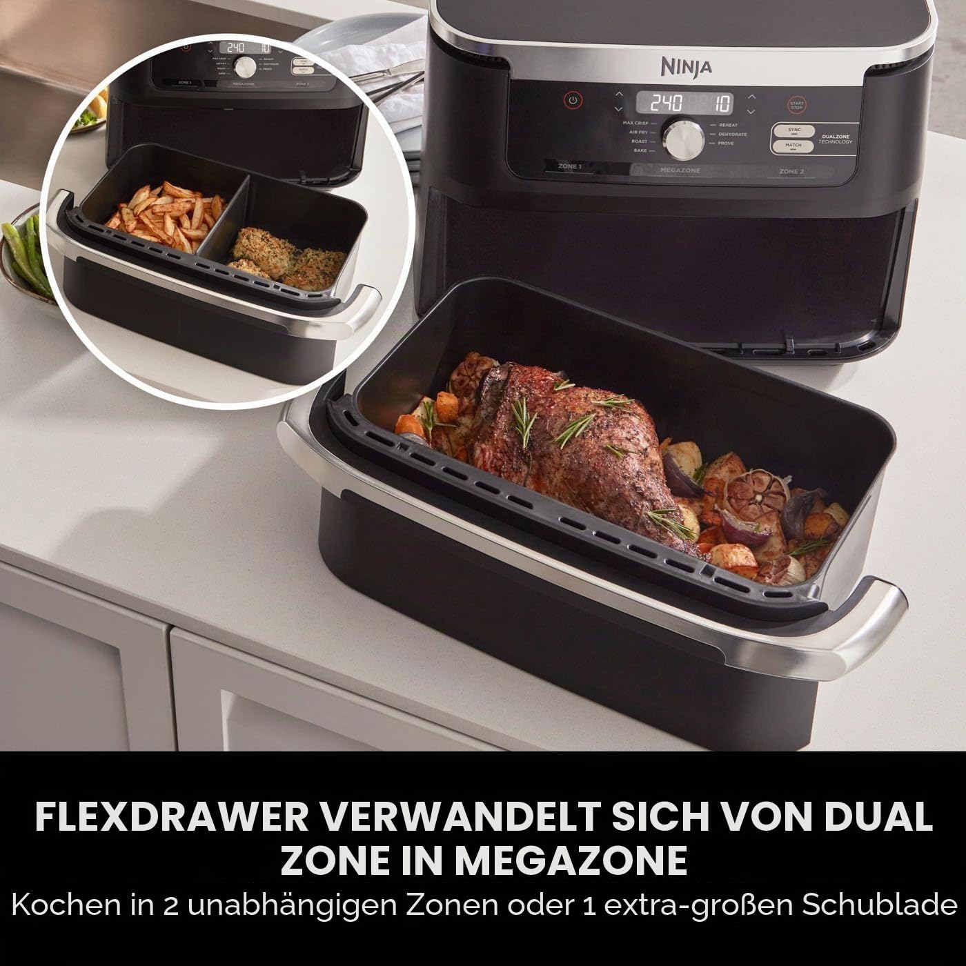 Ninja Foodi FlexDrawer Doppelzone Luftfritteuse mit herausnehmbarer Trennwand, 10,4 l große Schublade, 7-in-1 Ölfreie Luftfritteuse für Frittieren, Braten, Backen mit maximaler Knusprigkeit