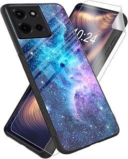 for Moto G 5G 2025 Case, Galaxy Purple Blue Colors Stars High-Definition Painted Glass Back Cover with Soft Silicone TPU Bumper, Shockproof Protective for Moto G 5G 2025 Phone Case