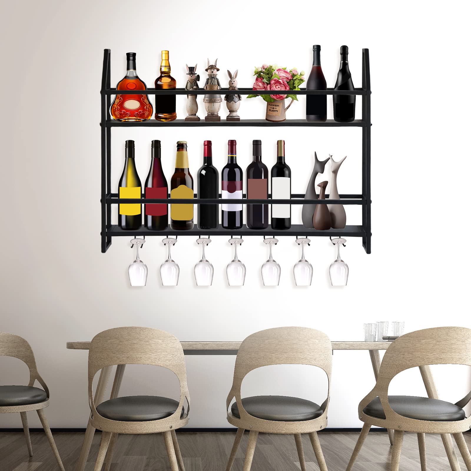 Regał na butelki, regał na wino, drewniany, montowany na ścianie regał na wino z uchwytem na szkło, regał na wino, metalowy montaż ścienny, 2 warstwy, przemysłowy regał na kieliszki do wina