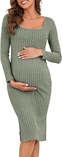 Long Sleeve Maternity Sweater Dress for Fall Winter, Knit Ribbed Maternity Bodycon Dress