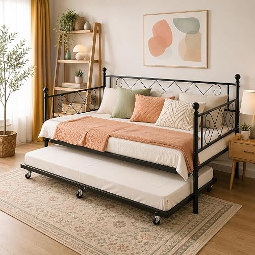 GarveeHome Twin Metal Daybed with Trundle, Premium Steel Slat Support, Space Saving Trundle Sofa Bed for Living Room, Bedroom and Guest Room, Black