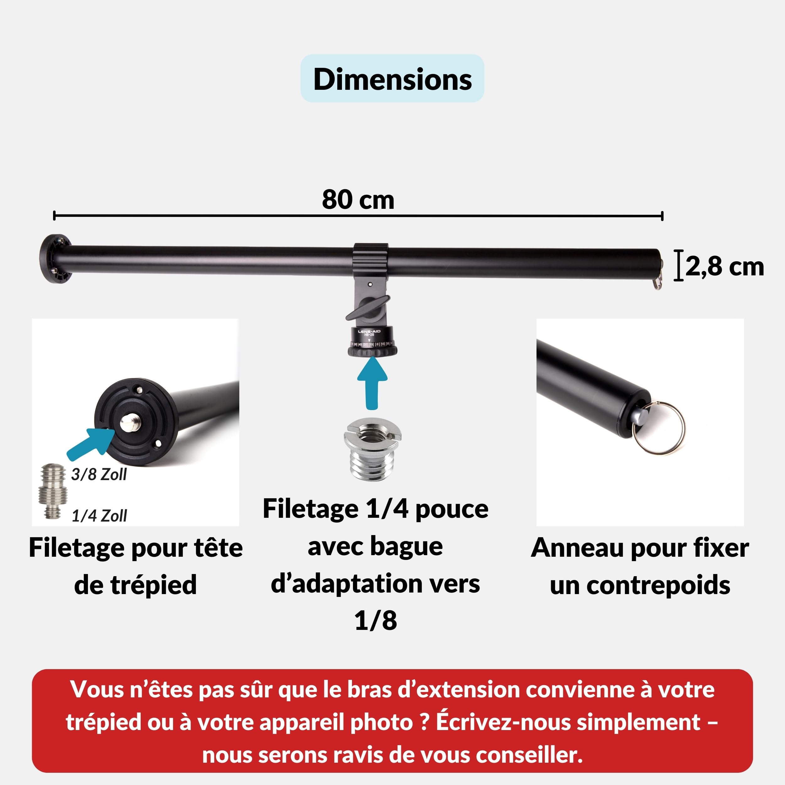 Lens-Aid Bras d'extension pour trépied d'appareil photo : barre transversale réglable pour photos en studio et macrophotographie