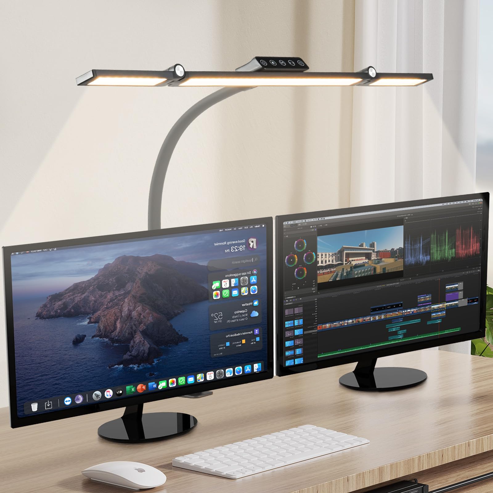 Lampada da Scrivania a LED, 24W Doppia Testa Luce per Monitor PC, Super Larga e Luminosa, 5 Temperatura Colore e 5 Livelli Luminosità