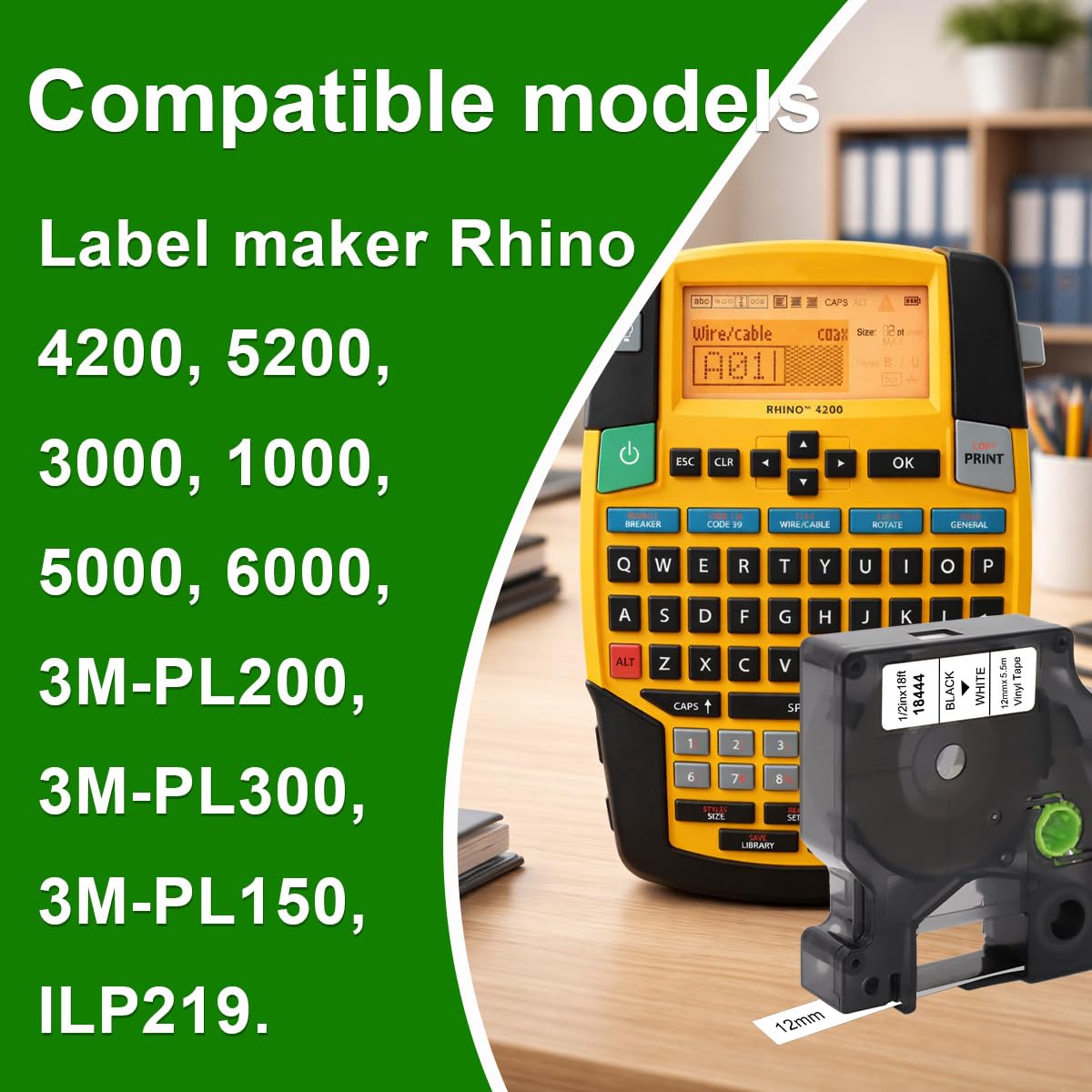Cinta de etiquetas de vinilo industrial compatible con Dymo Rhino 18444, etiqueta negra sobre blanco, 12 mm x 5,5 m, 5 unidades, para Dymo Rhino 4200, 5200, 3000 3MPL200