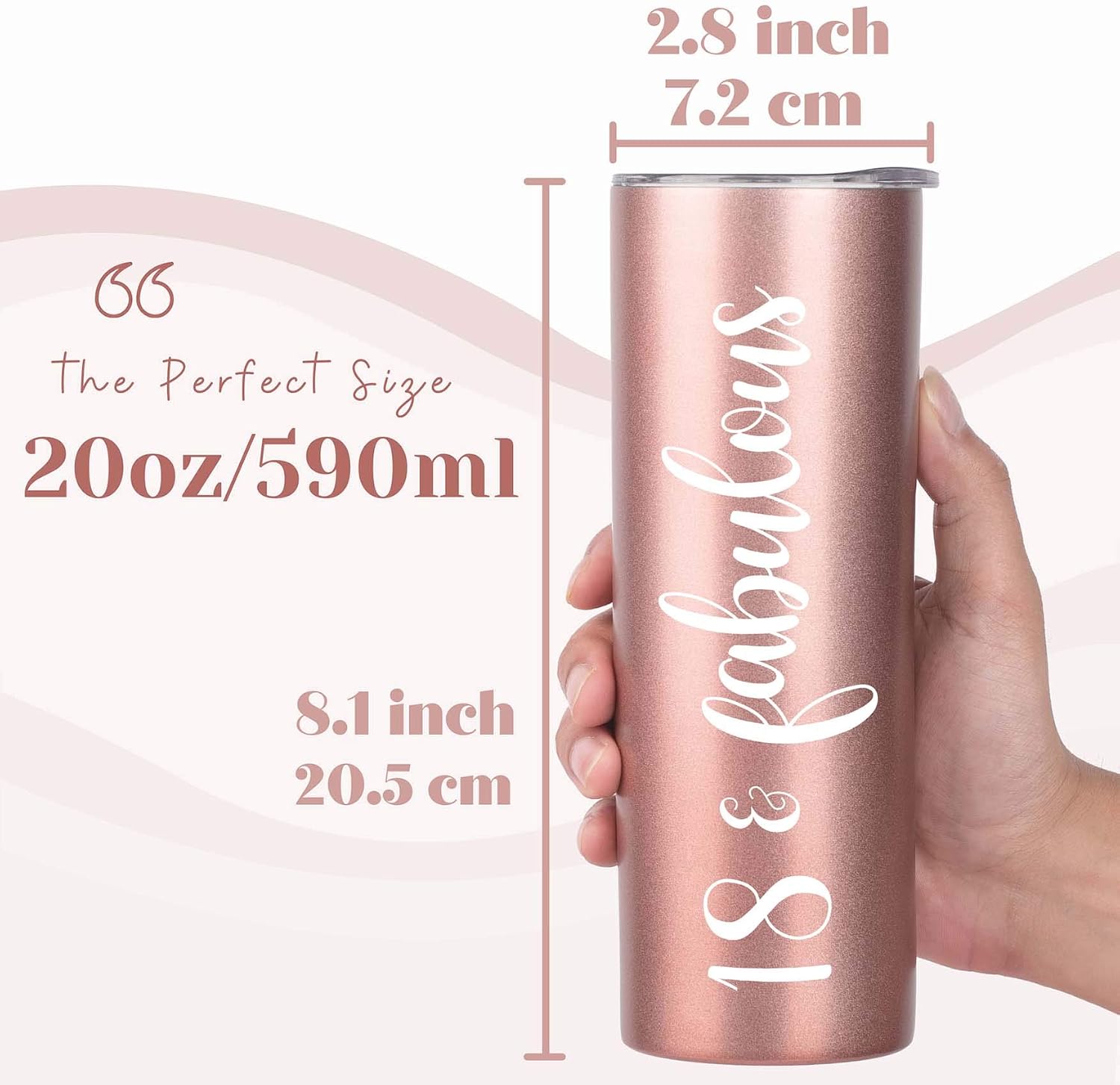 Onebttl 18th Birthday Gifts for Girls, Women, Her - 18 and Fabulous -20oz/590ml Stainless Steel Insulated Tumbler with Straw, Lid, Message Card - (Rose Gold)