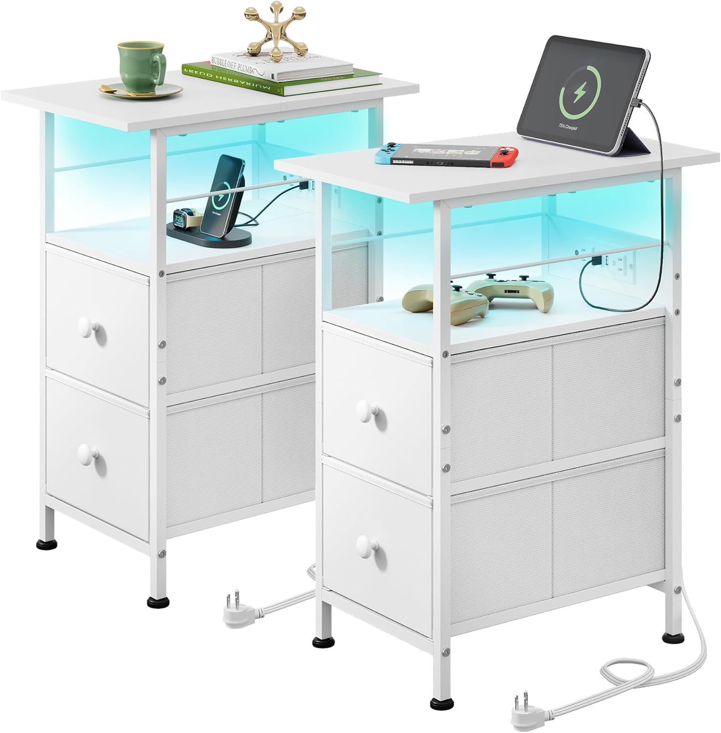 WLIVE Nightstand Set of 2 with Charging Station, End Table Sets with LED Lights, 2 Fabric Drawers and Open Shelf, Bed Side Tables Living Room, Small Space, Night Stand for Bedroom, White