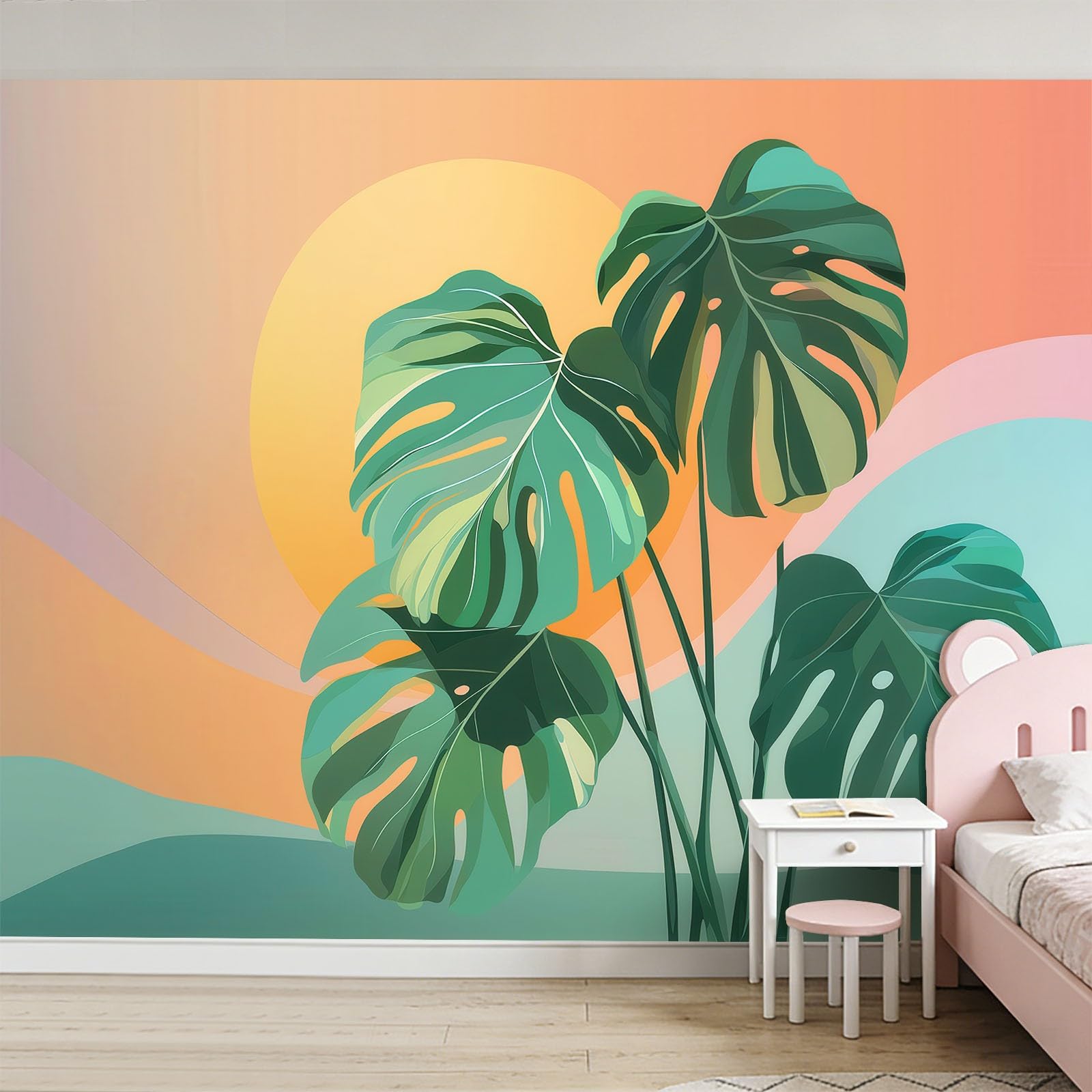 Tapeta 3D, zachód słońca, roślina, liście monstery, 250 x 175 cm, mural ścienny, do minimalizmu, salonu, mieszkania, biura, włókniny, fototapeta, funkcja premium, fototapeta ścienna