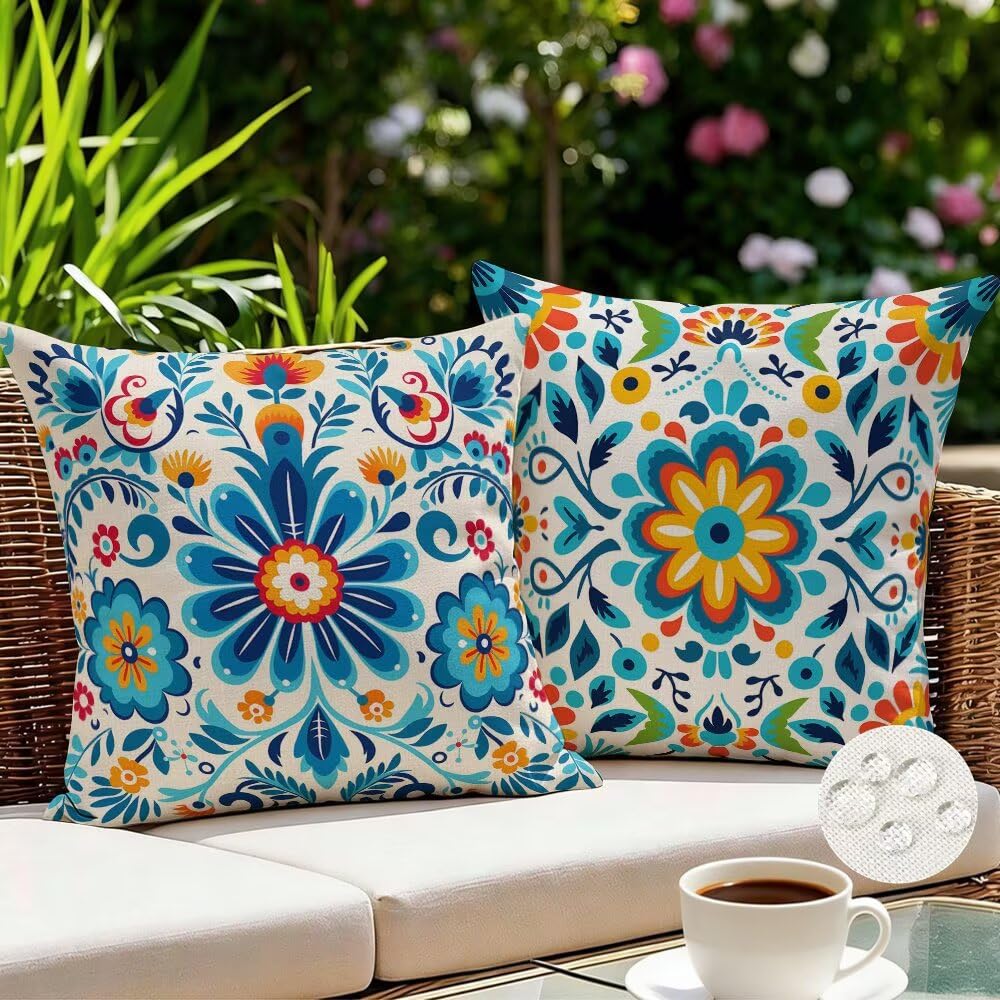 Fundas de Cojines Exterior Impermeable Funda Cojin 80x80 cm, Juego de 2 Fundas Cojines Multicolor Flores Funda Almohada Boho Decorativa para Jardin Terraza Salon, con Cremallera Invisible (IU277)