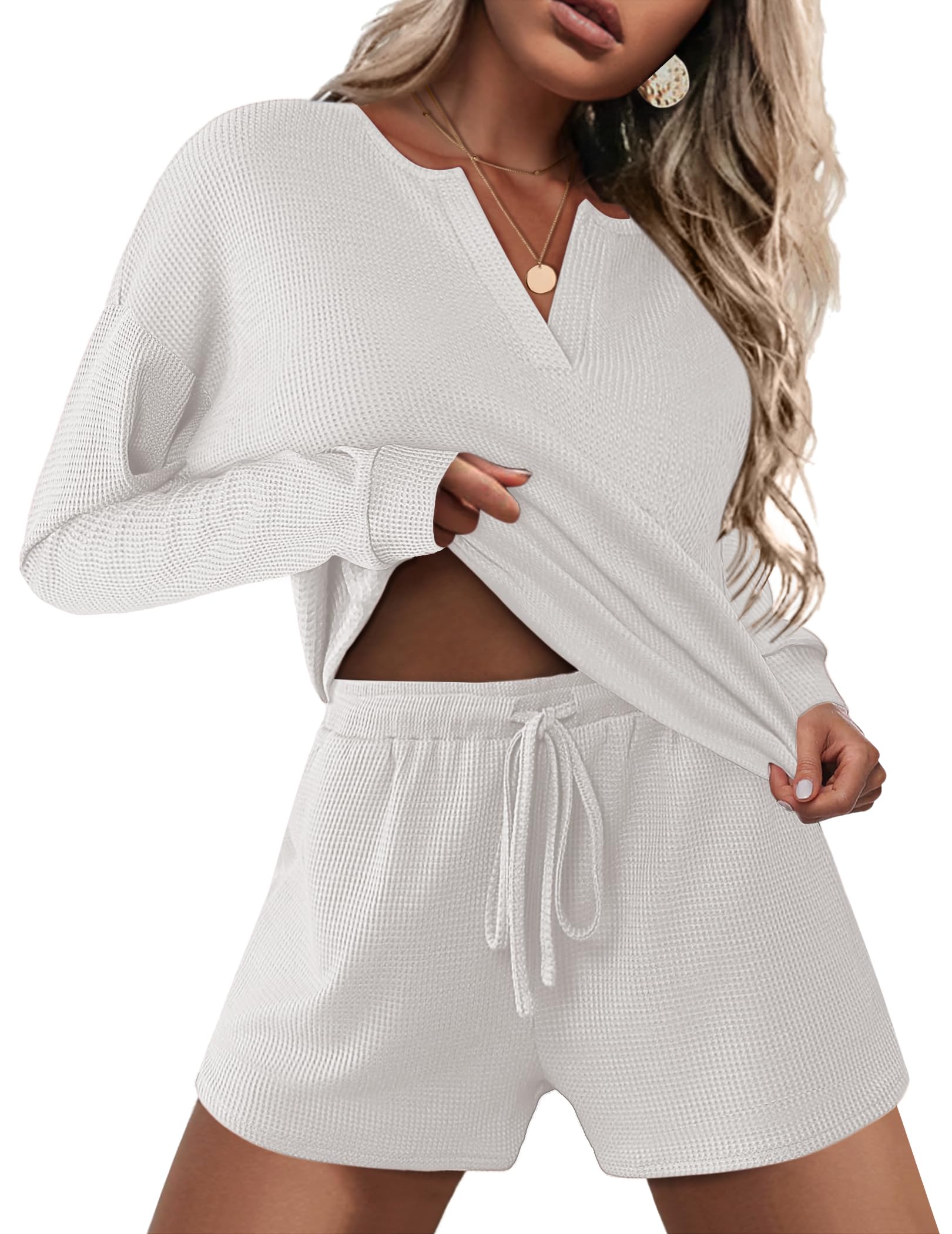 Ekouaer Pajamas Womens Waffle Knit Lounge Set Long Sleeve Top and Shorts 2 Piece Loungewear Outfits with Pockets