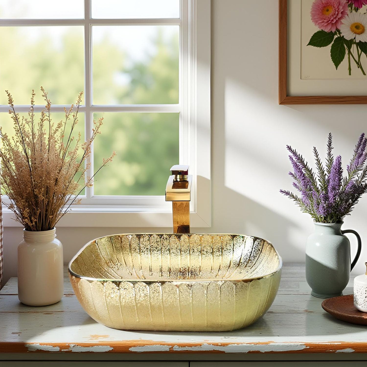 Gold Bathroom Sink Ceramic Vessel Sink with Waterfall Faucet and Drain Combo 18 Inch Bathroom Vessel Sink for Above Counter Artistic Bowl Sink