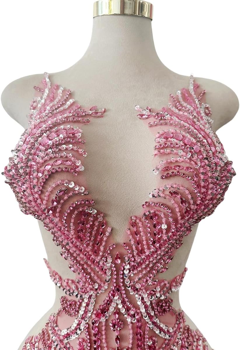 Large Size Handmade Rhinestones lace Trim Patches sew on Beads Appliques for Wedding Party Evening Dress Accessories 26X14inches (Pink)
