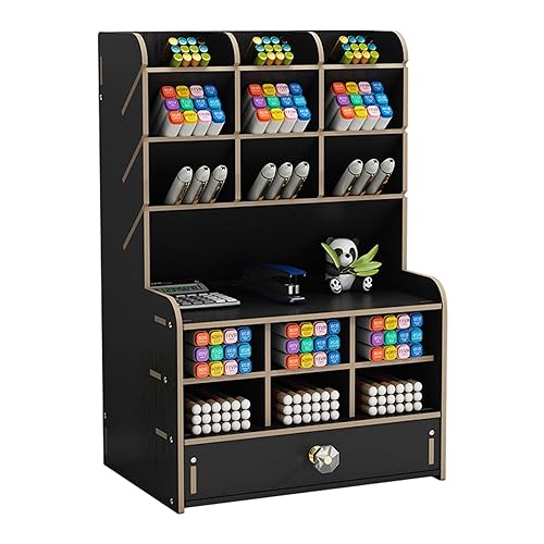 Marbrasse Wooden Desk Organizer, Multi-Functional Pen Holder, Desktop Stationary Organizer, Storage Rack for School Home Office Art Supplies (B16-Black)