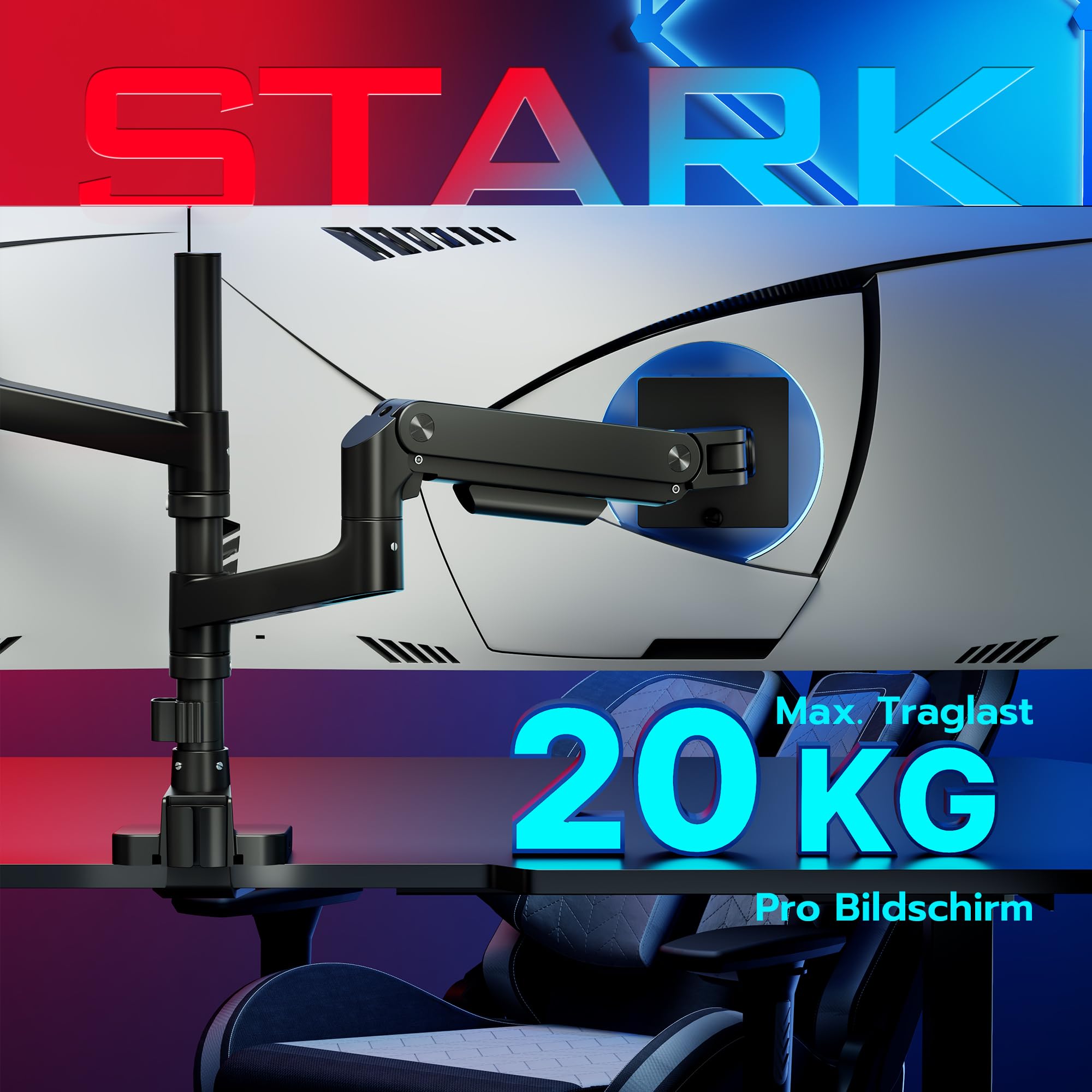 ARES WING Monitor Halterung 2 Monitore für 17-49 Zoll Bildschirme, Bildschirmhalterung Gasfeder，Monitor Arm Tragfähigkeit Max 20 kg/arm, VESA 75/100，Schwarz