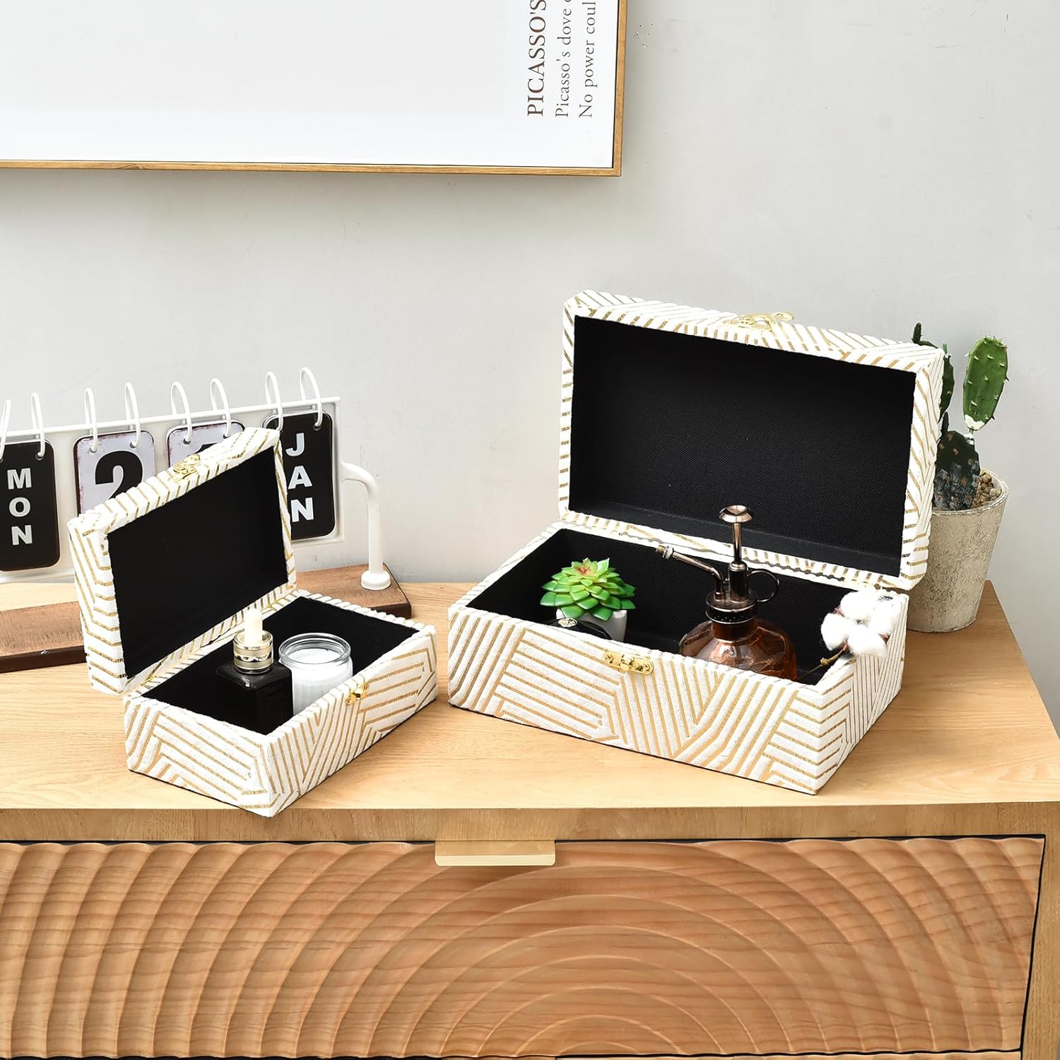 Velvet Decorative Boxes Storage Accessory Organizer with Gold Stripe Set of 2, White