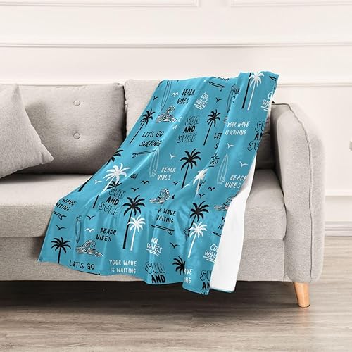 Miniatura 5 de Surfboards Palm Tropical Trees Waves and Slogan Manta ultrasuave para sofá, acogedora manta de franela de otoño para adultos y niños, manta de viaje