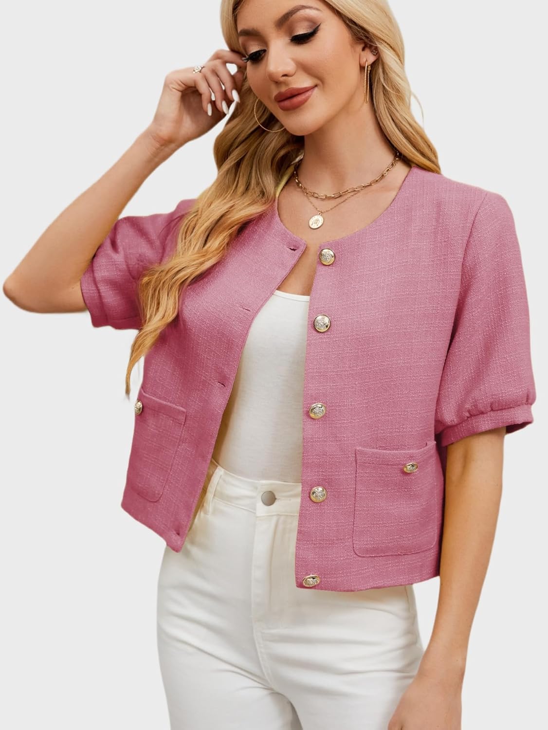 LifeShe Puff Short Sleeve Tweed Jacket Women Cropped Jackets Summer Open Front Office Work Blazer Coat - Image 4
