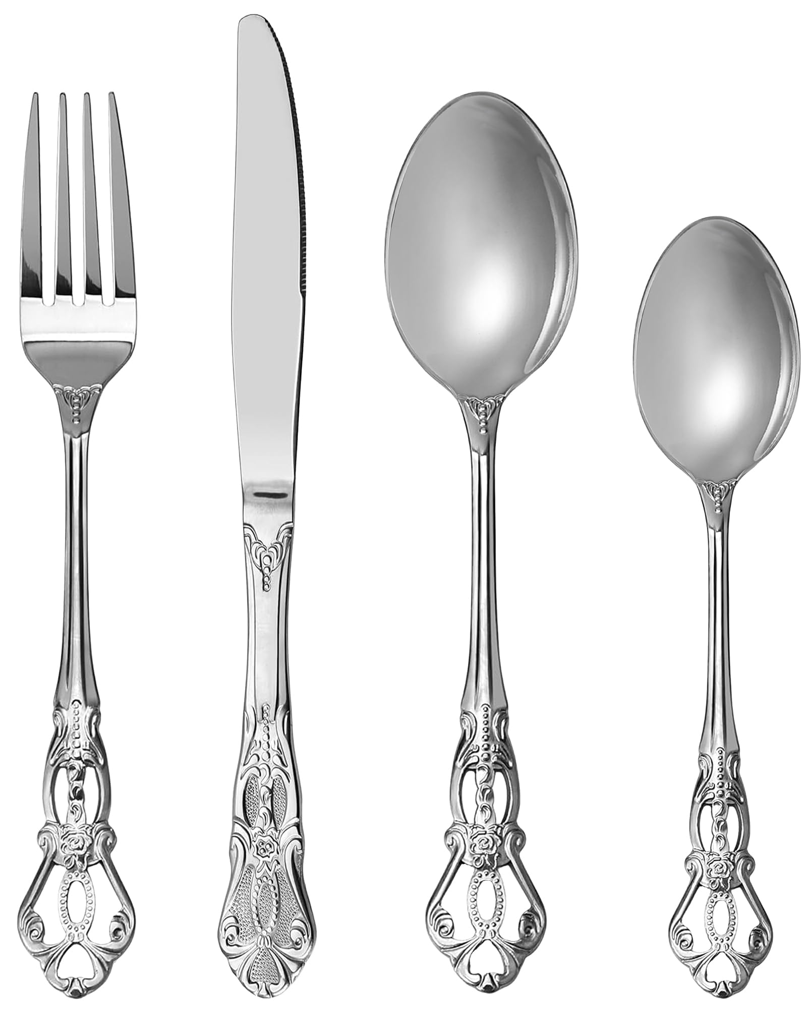 Retro Silverware Set for 6, Gorgeous 24 Pieces Stainless Steel Silver Flatware Set, Service for 6, Utensil Set Fork Spoon Knife, Antique Baroque Cutlery Set