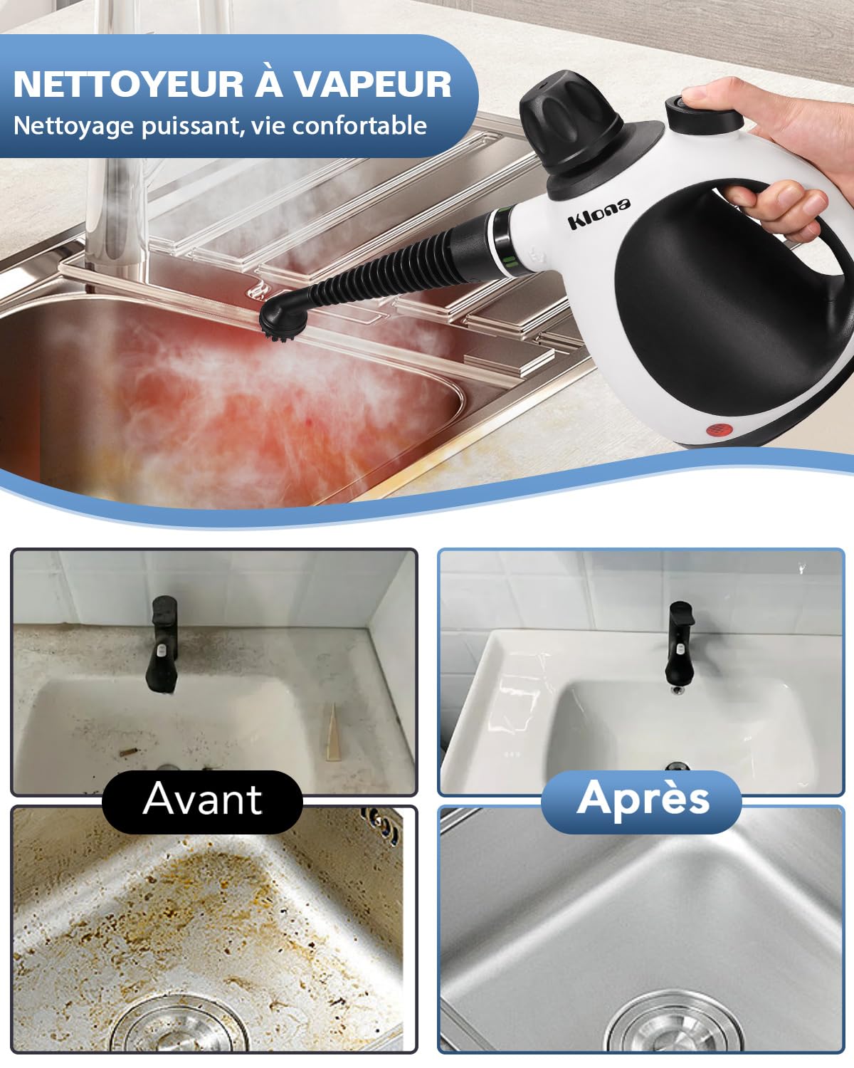 KLONA Nettoyeur à vapeur portatif, nettoyeur à vapeur multi-usage avec 10 accessoires pour tapis, rideaux, canapés, cuisines, salles de bains et bien plus encore.