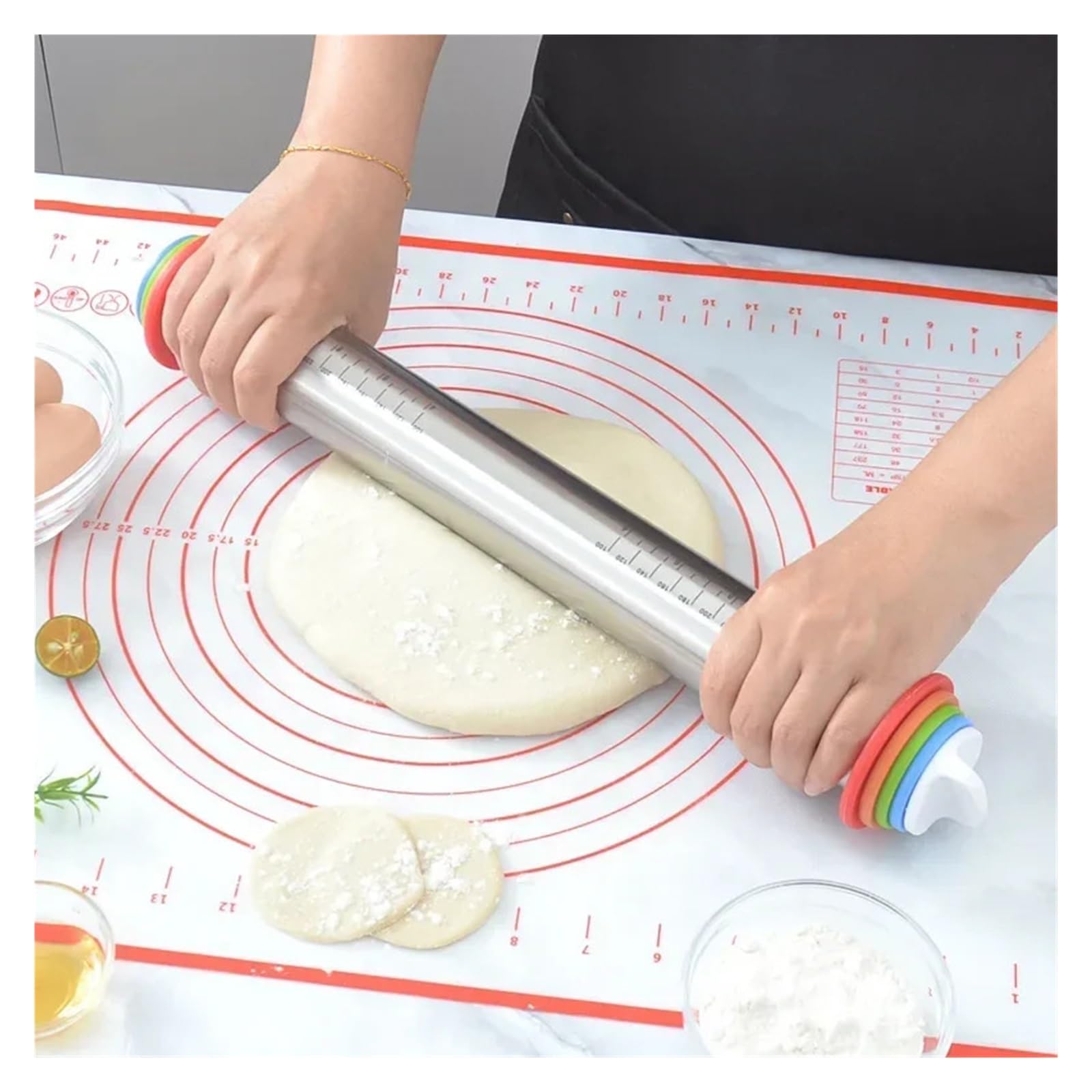 Verstellbarer Nudelholz, abnehmbarer kreisförmiger Teigpolsterroller, Edelstahl, Silikon, Kneten(Greymat rolling pin)