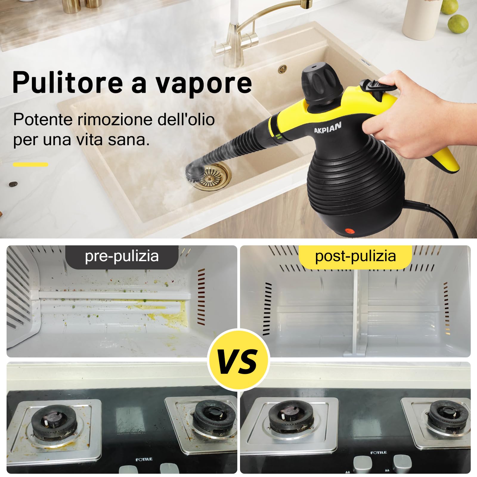 Pulitrice a Vapore Portatile, Steam Cleaner con 10 Accessori