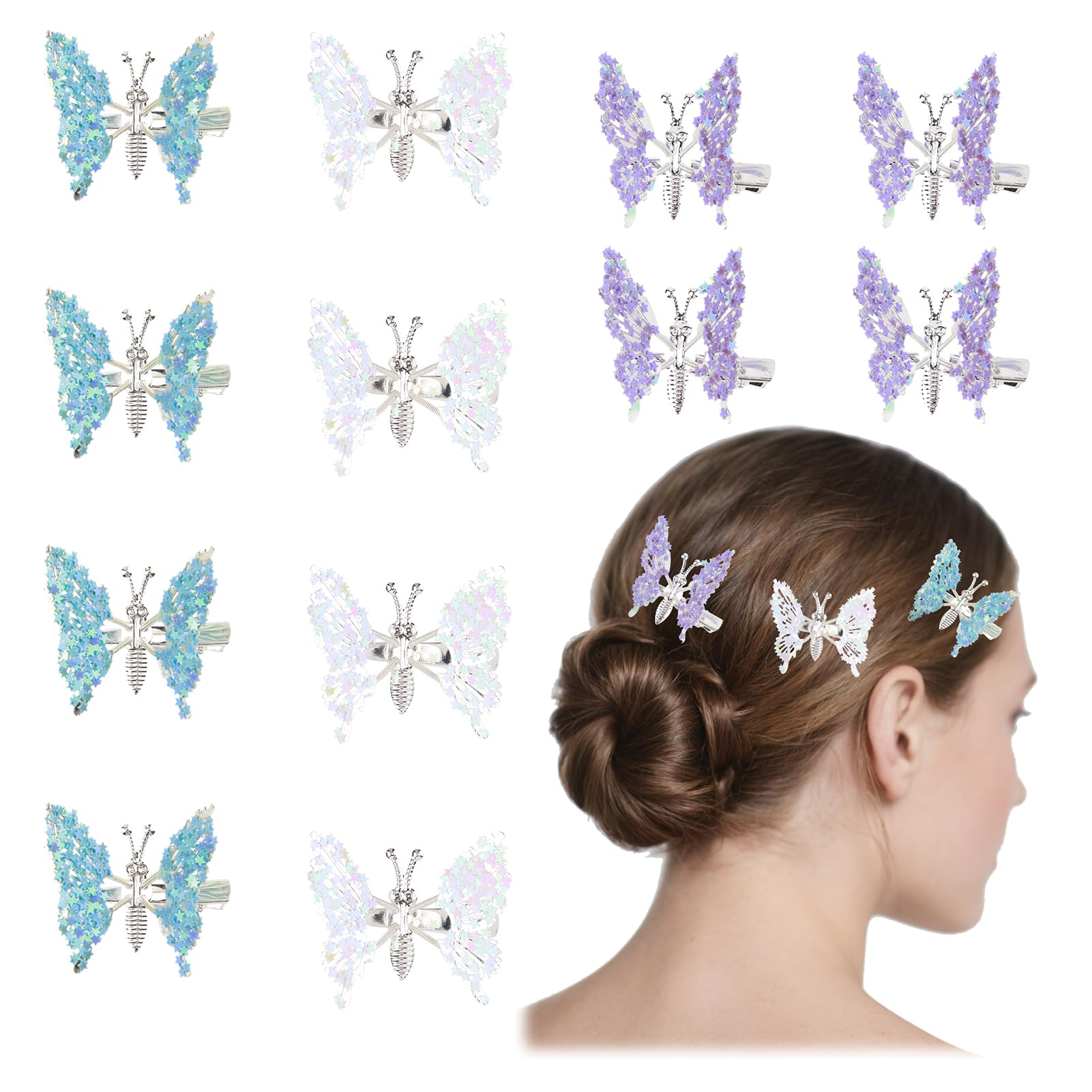 Photo 1 of  Moving Butterfly Hair Clips Cute Silver Butterfly Hair Barrettes Aesthetic Shiny Butterflies Claw Clips for Women Thick or Thin Hair, Headwear Gifts for Party Decor