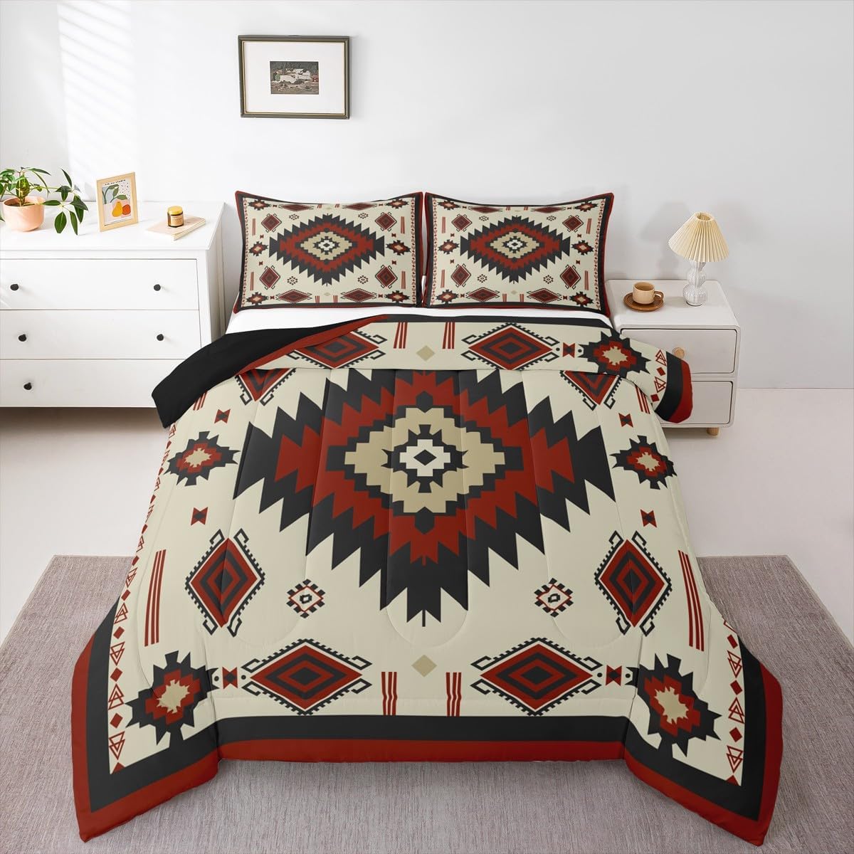 Feelyou Southwestern Bedding Set Geometric Comforter Set for Kids Boys Girls Tribal Native Comforter Vinatge Exotic Style Quilt Set with 2 Pillowcases 3Pcs Bedding Queen